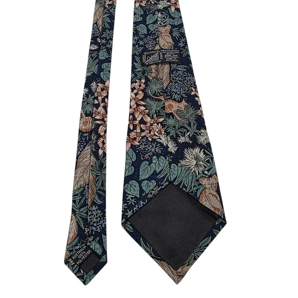 Australian Koala & Kangaroo Botanical Print Silk Necktie Blue‎ Green Handmade